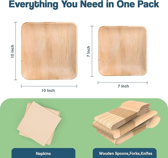 Biodegradable Disposable Party kit including 10" Plates, 7" Plates, Wooden Cutlery - Forks, Spoons, Knives & Napkins (For 50 Person Party - includes 350 total items)