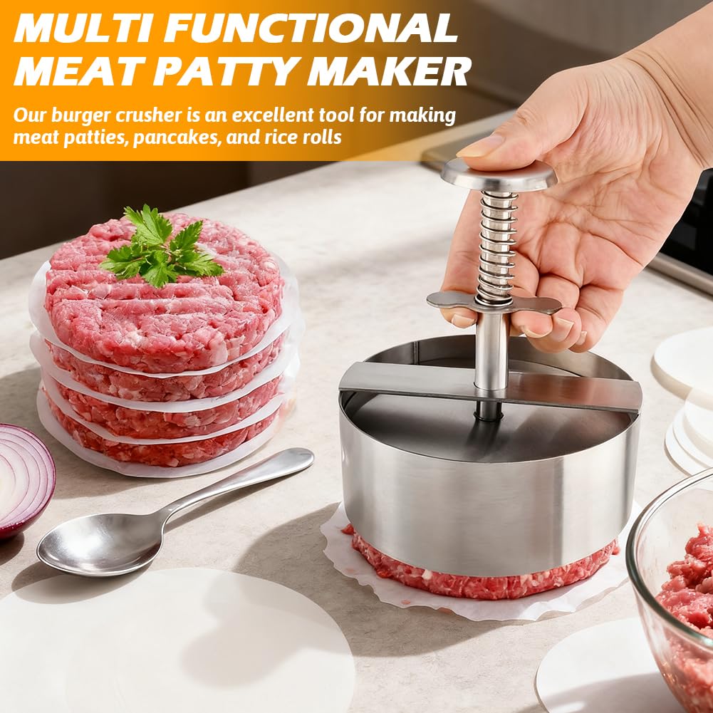 Quivorant 4.5" Burger Maker Press with 50 Patty Papers, 304 Stainless Steel Adjustable Non-Stick Hamburger Patty Maker, for Kitchen BBQ & Sandwich, Beef, Vegetables, Meat, Party Grill, Easy Release