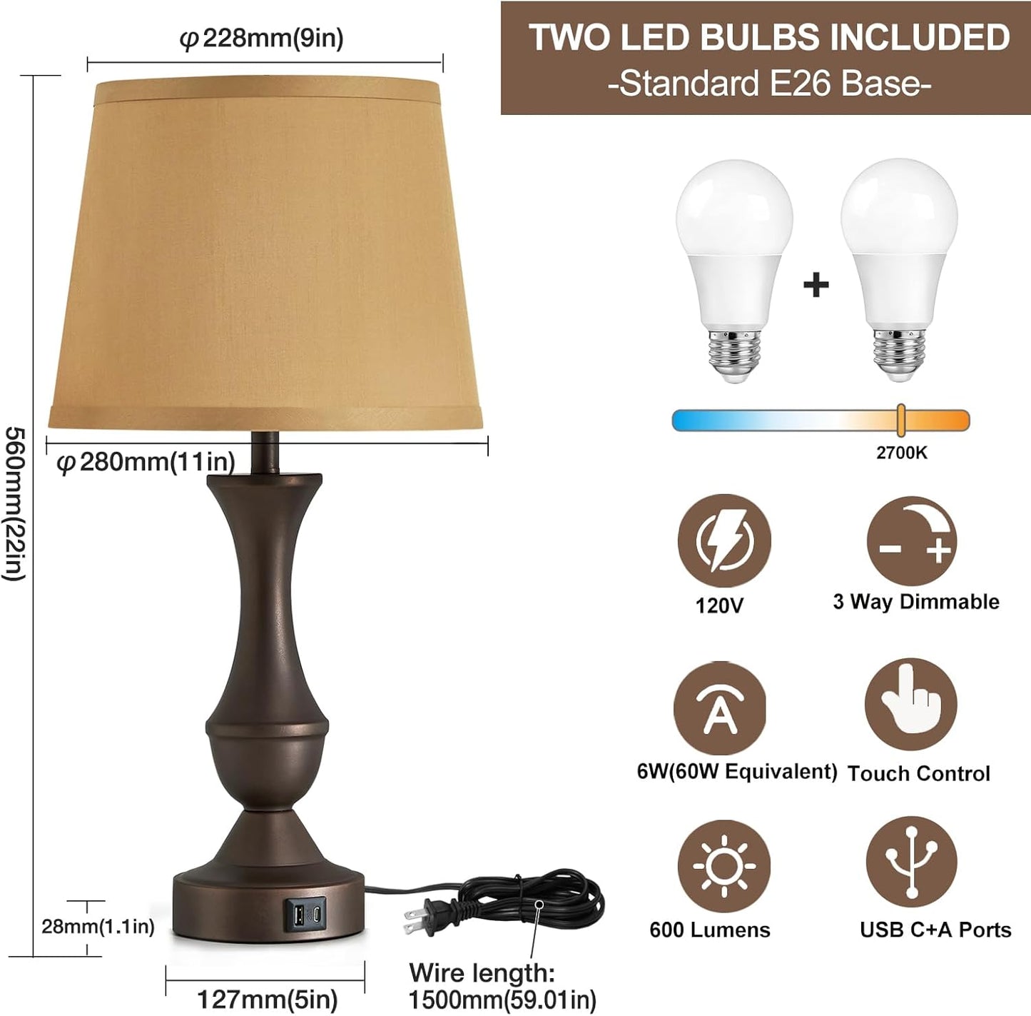 Luvkczc 22" Table Lamp Set of 2 - Farmhouse Vintage Brown Bedside Lamp with Brown Fabric Shade, 3-Way Dimmable, USB C+A Ports, Nightstand Lamp for Living Room Bedroom (Bulb Included)