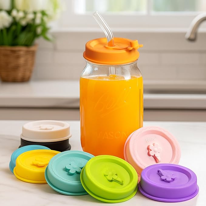Silicone Mason Jar Lids, Regular and Wide Mouth Compatible, with Straw Hole and Stopper (light color 4pcs)