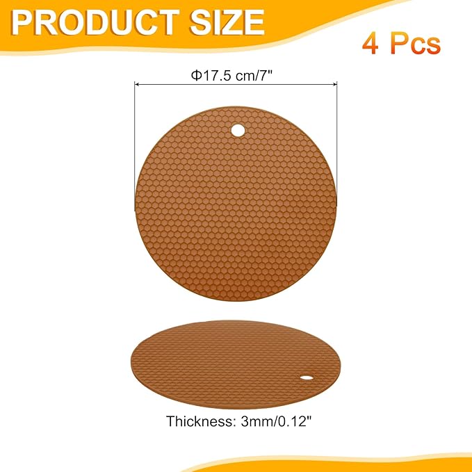 uxcell 4pcs Silicone Jar Opener Pads, 17.5cm/7" Texture Can Opener Multipurpose Round Bottle Lid Opener Non-Slip Coasters for Weak Hands Seniors Children, Brown