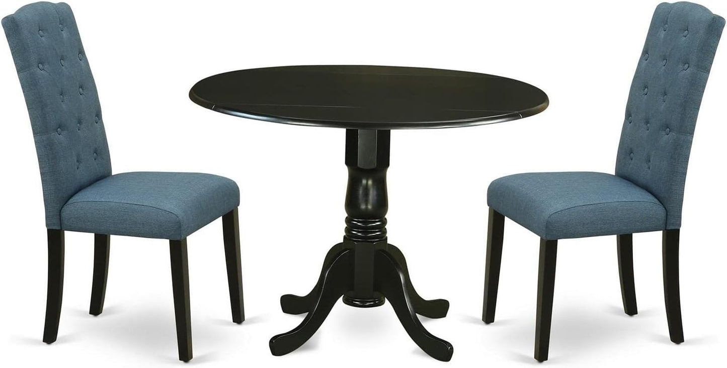 East West Furniture DLCE3-BLK-21 3 Piece Dining Table Set Contains a Round Dining Room Table with Dropleaf and 2 Mineral Blue Linen Fabric Upholstered Chairs, 42x42 Inch, Black