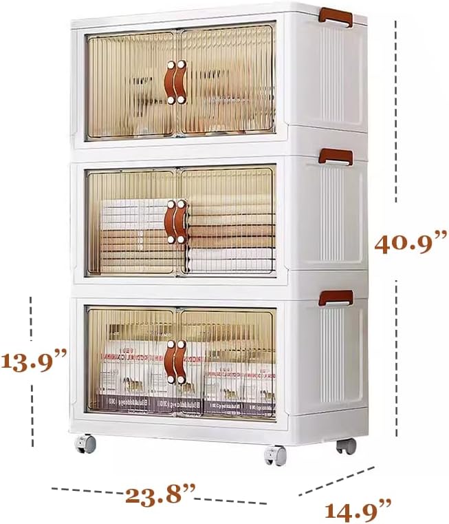3-Tier Collapsible Plastic Storage Bins, Storage Bins with Wheels, Collapsible Storage Boxes, Clear Plastic Stackable Organizer Boxes, 200 QT Capacity, White (3 Tier, 23.6″)