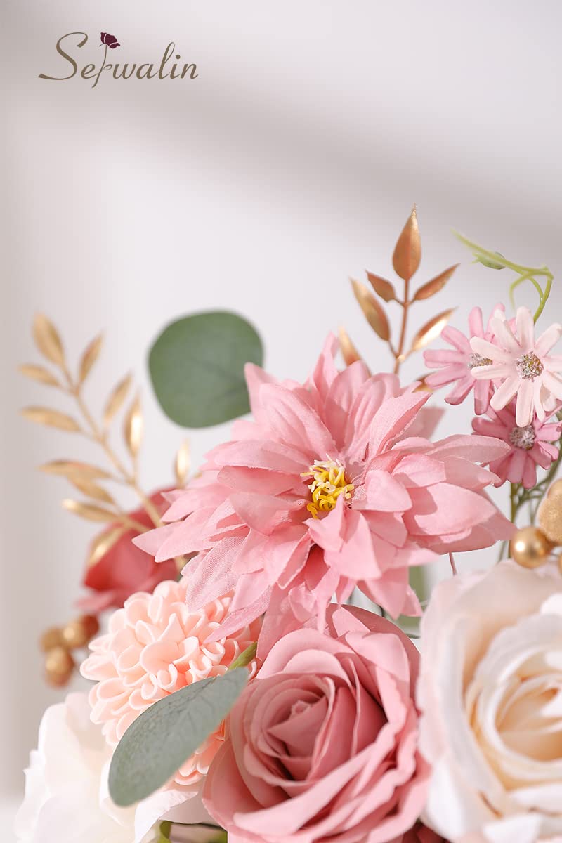 Serwalin Artificial Flowers Wedding Pink Flowers Silk Fake Dahlia Cake Flowers for Wedding Bouquets Table Centerpieces Birthday Party Bridal Baby Shower Home Decorations