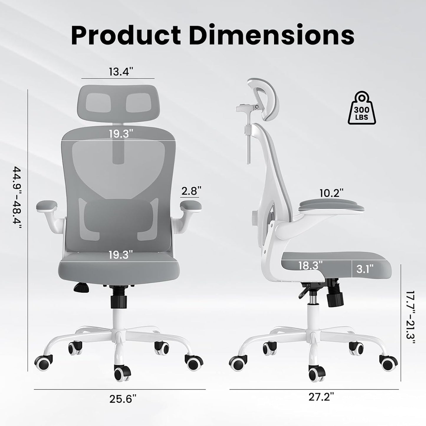 Ergonomic Office Chair, Comfy Home Office Chair High Back Computer Chair with Headrest, Adjustable Back Support, Flip-Up Arms, 90-120° Tilt and Wide Cushion, Up to 300lbs, Grey+White