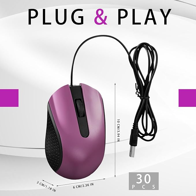 Bonuci 30 Pack USB Wired Mouse 3 Button Corded Computer Mice Bulk USB Mouse for PC Desktop, Laptop, Office, School, Classroom Use(Purple)