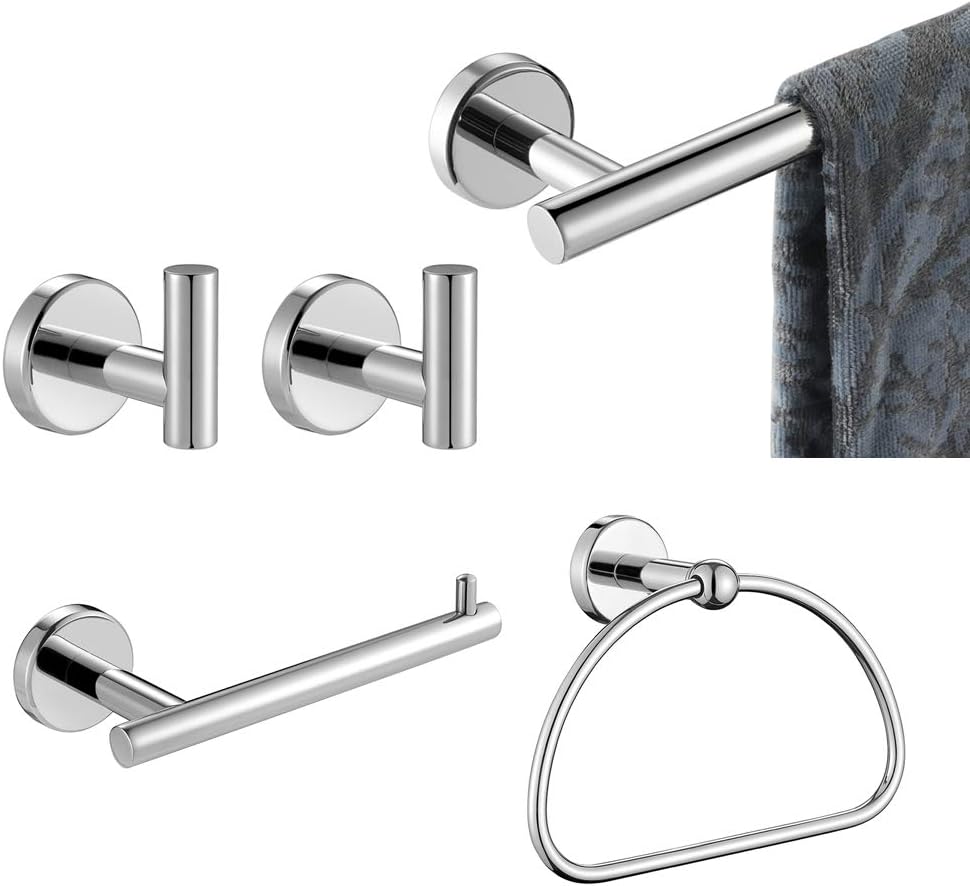 JQK Bathroom Hardware Set Chrome, 5-Piece Bath Accessories Set Polished Chrome Wall Mount Includes 24 in Towel Bar, 7 in Towel Ring, Toilet Paper Holder, 2 Towel Hooks, BAS165-CH