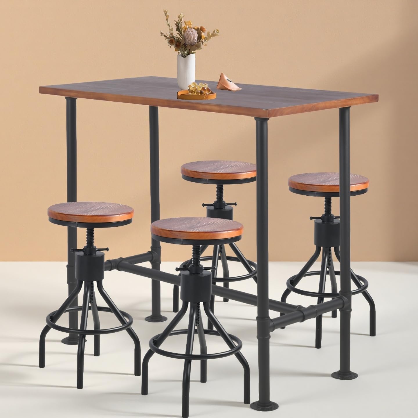 Industrial Rectangle Bar Table with Set of 2 Bar Stools Vintage 3 Pieces Pub Table Set for Home Office Farmhouse Dinner Table with Chairs