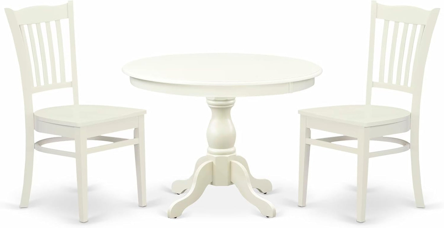 East West Furniture HBGR3-LWH-W 3 Piece Kitchen Table Set for Small Spaces Contains a Round Dining Table with Pedestal and 2 Dining Room Chairs, 42x42 Inch, Linen White