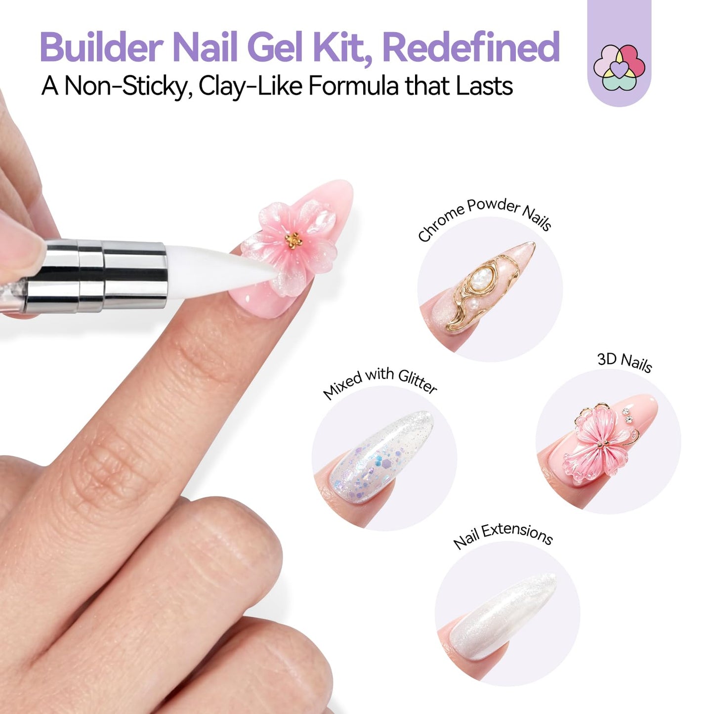 SAVILAND Non-Sticky Solid Builder Nail Gel Kit: HEMA-Free Sculpting Gels for Nail Art with Sequins Sculpture Pen for 3D Gel Nails Art Carving Extension Overlays Starters DIY Home Satin White 2.02oz
