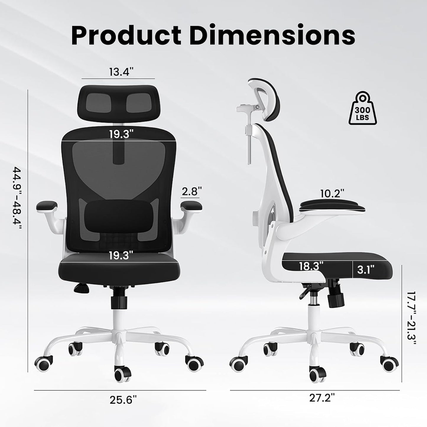 Ergonomic Office Chair, Comfy Home Office Chair High Back Computer Chair with Headrest, Adjustable Back Support, Flip-Up Arms, 90-120° Tilt and Wide Cushion, Up to 300lbs, Black+White