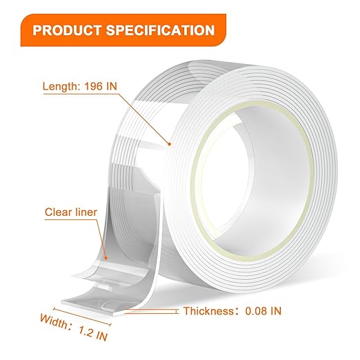 Mega Roll Heavy Duty Double Sided Tape 196 Inch, Extra Strong Mounting Adhesive for Large Wall Art, Mirror, Whiteboard, No Damage Wall Tape Reusable & Removable for Holiday Décor
