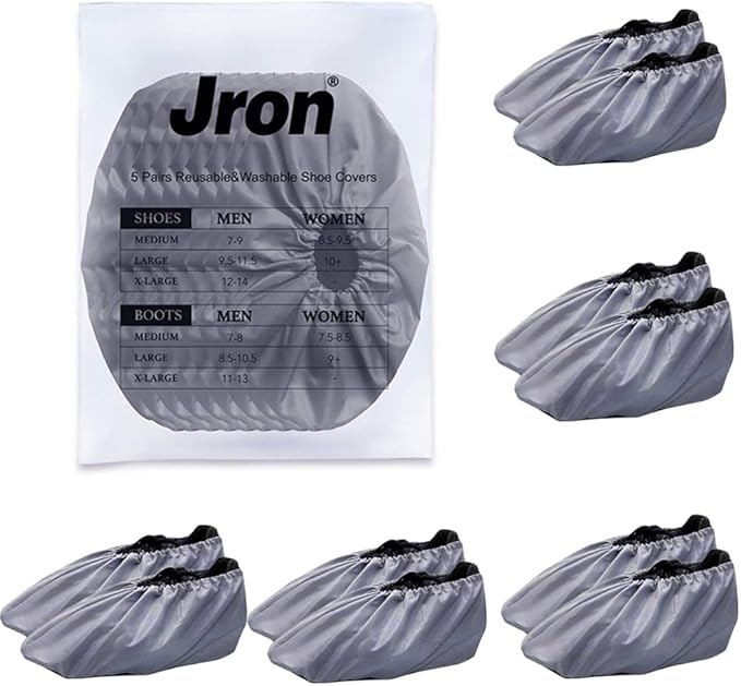 Jron 5 Pairs Premium Reusable Washable Shoe Cover Boot Covers for Contractors (5 Pairs | 9.5-11 For Shoes/US 8.5-10.5 For Boots, Grey)