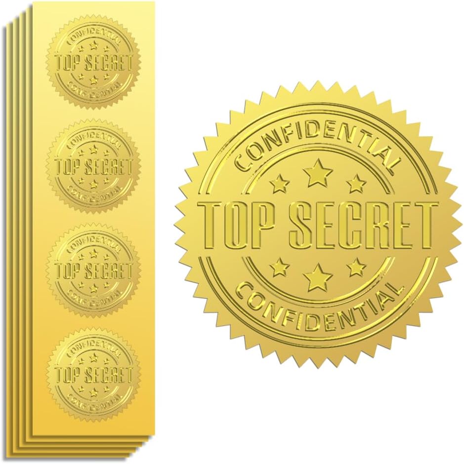 Peacoblue Gold Foil Stickers Seals Embossed 2 Inch 100Pcs Top Secret and Confidential, Self Adhesive Gold Around Embossing Medal Sticker for Secret Paper, Envelop Seal, Package