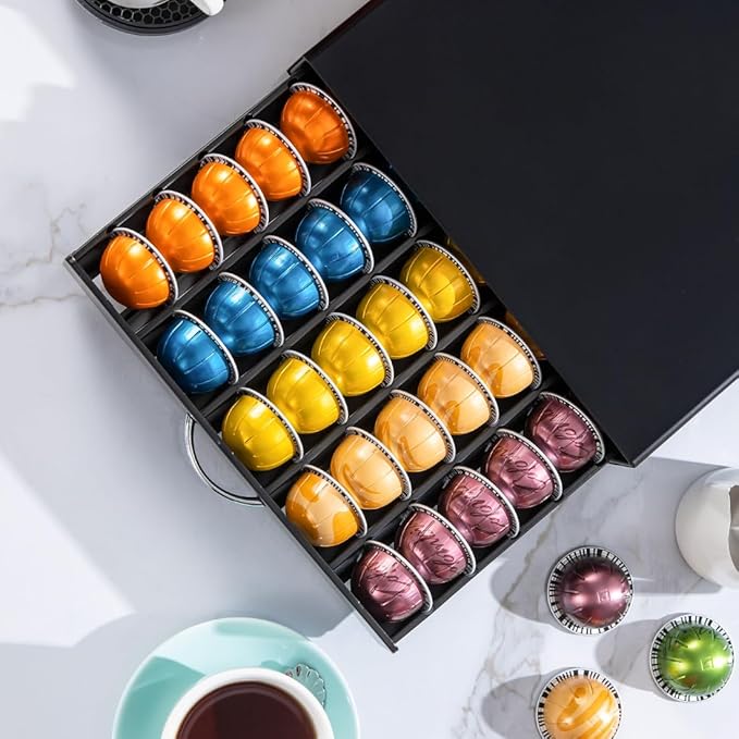 FlagShip Vertuo Pod Storage - Modern Black Metal Coffee Capsule Organizer & Space-Saving Pod Holder for Coffee Machines, Spacious 50 Vertuo Pods Capacity