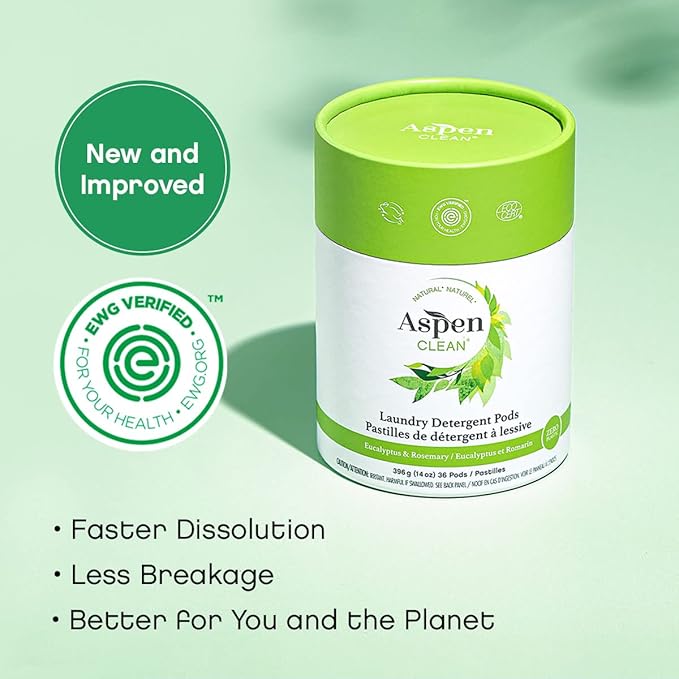 Eucalyptus Laundry Pods by AspenClean, New and Improved Packaging, Zero Plastic, EWG Verified™, Vegan, Non-Bio, Hypoallergenic Natural Laundry Detergent - 36 Count