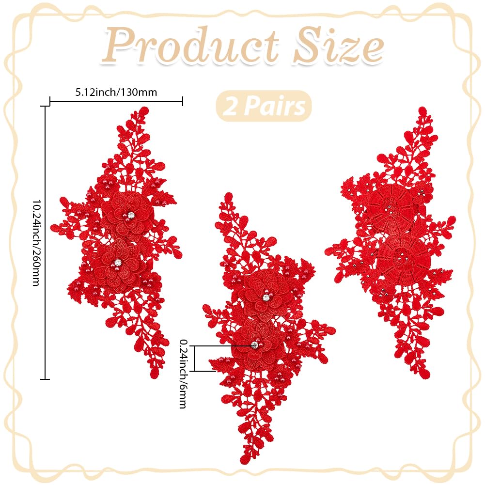 CABODYALS 4Pcs Red 3D Floral Lace Applique Pearl Beaded Embroidered Appliques Flower Rhinestone Embroidery Sew on Tulle Repair Patches Bulk for Sewing Making Clothes Dress Gown Wedding Costumes DIY