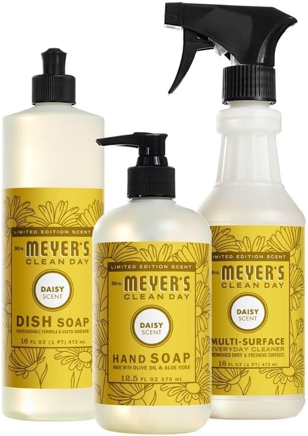 Mrs. MEYER'S Kitchen Set, Dish Soap, Hand Soap, and Multi-Surface Cleaner, 3 CT (Daisy)