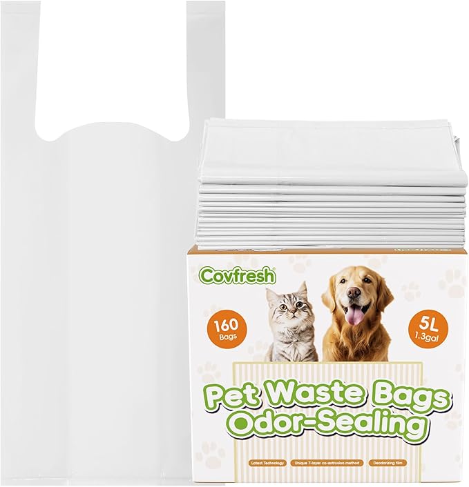 Odor-Sealing Dog Poop Bags with Handles 160 Count Pet Waste Bags, Large Capacity & Unscented Poop Bags for Dogs or Cat Litter, Conceals Smell & Mess (White)