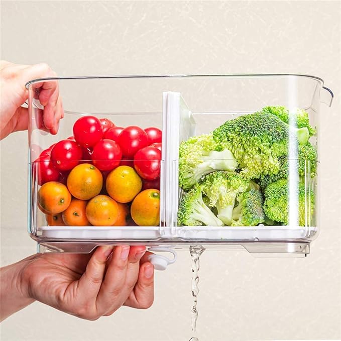 Slideep 11'' Large Food Storage Containers, Fridge Produce Saver 2 Tier Stackable Refrigerator Organizer with Lids and Removable Drain Tray Drawers Bins Baskets for Kitchen