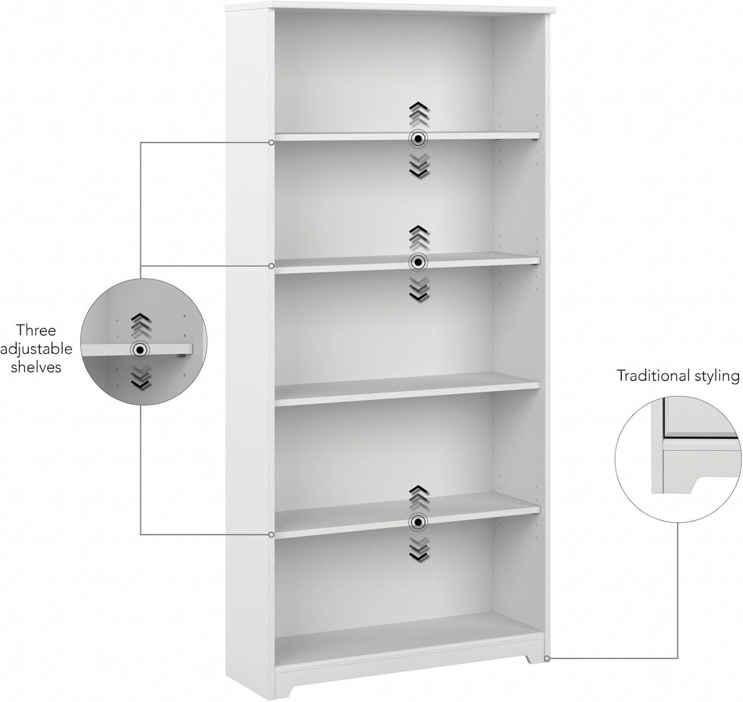 Bush Furniture Tall 5 Shelf Bookcase, Large Open Bookshelf, Sturdy Display Cabinet for Living Room or Home Office, Cabot Collection, White