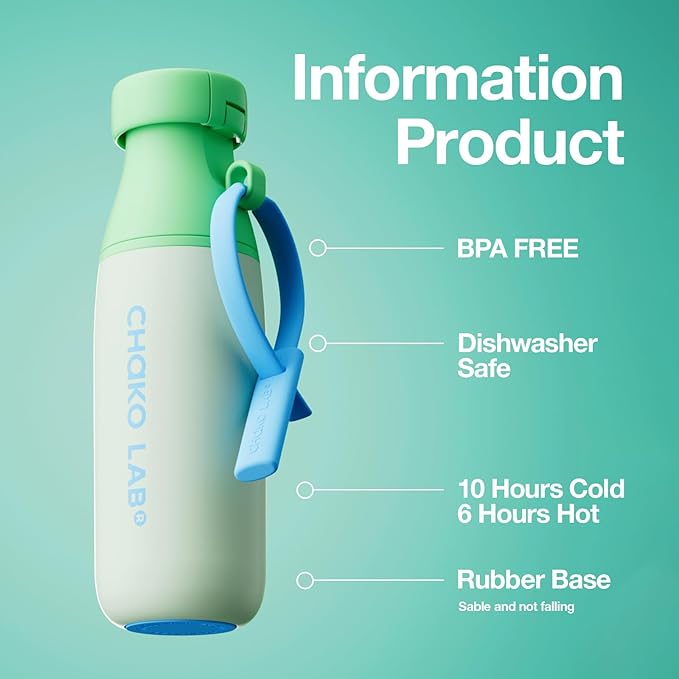 CHAKO LAB Insulated Stainless Steel Water Bottle with Two Strap | BPA-Free Leak Proof | 17oz Bottle with Spout Lid & Straw | Mint Milk
