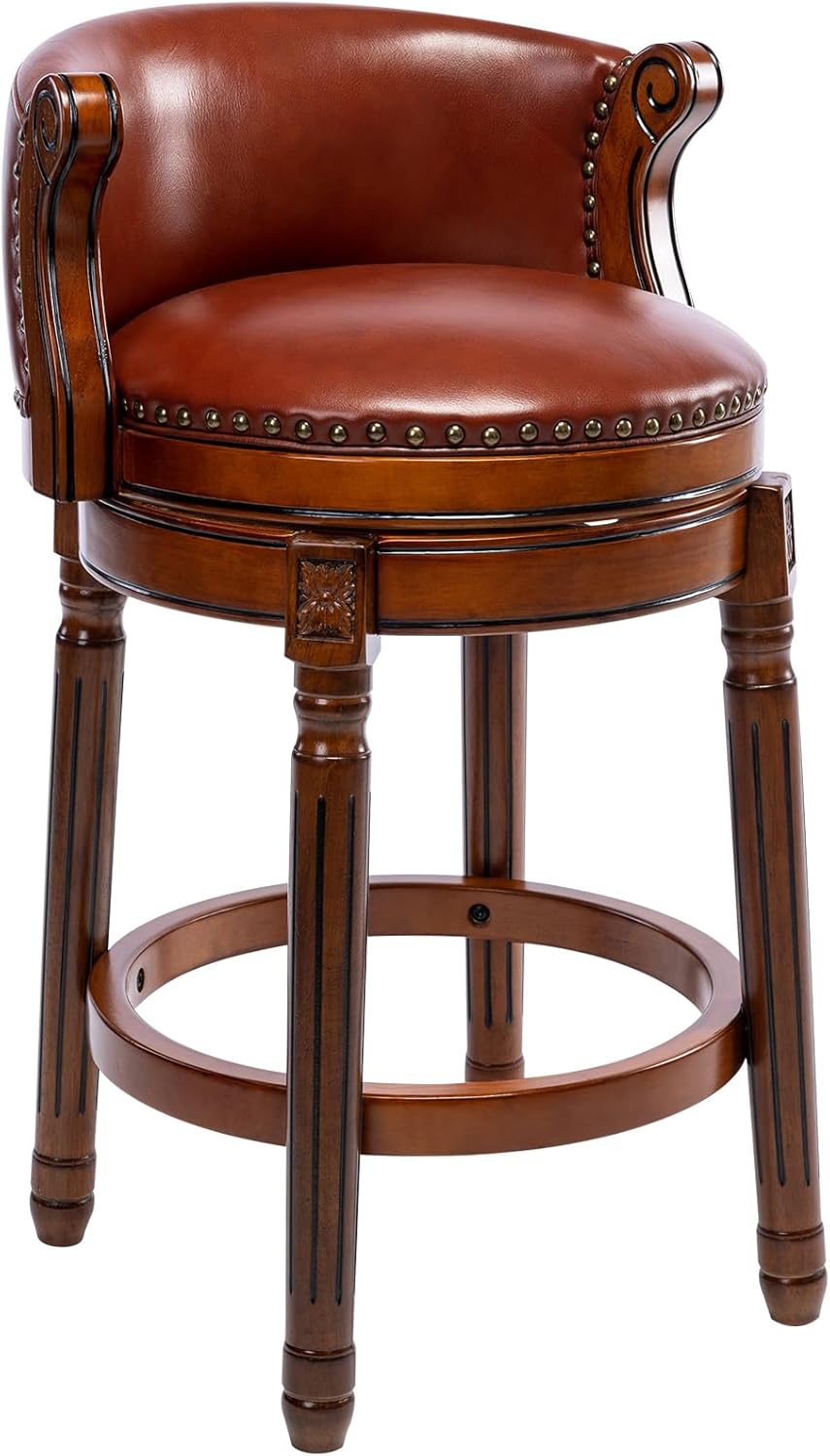 CozyRain Bar Stools Rubber Wood Counter Height Bar Stool Leather Upholstered Swivel Barstools with Back & Footrest for Home,Kitchen,Counter,Dining Room (Brown, Seat Height 26 in)