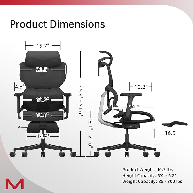 Ergonomic Mesh Office Chair with Footrest, Home Office Executive Chair with Lumbar Support, Ergonomic Computer Gaming Chair with Tilt Lock,Backrest, Home Desk Chair with High Back(Black)