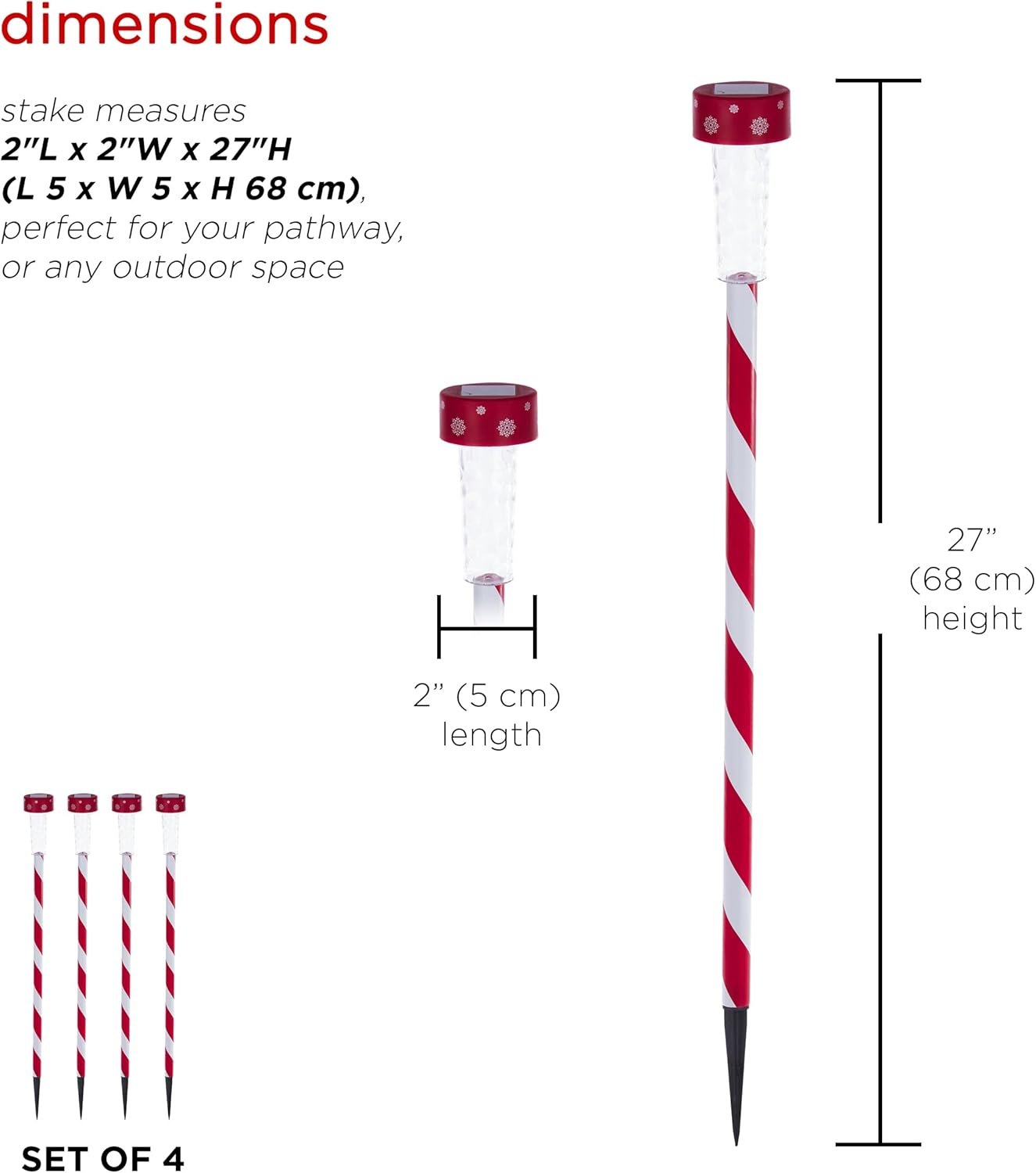 Alpine Corporation QWE106SLR-4 Holiday Striped Pathway Garden Stake with Solar LED Lights, LED Solar Lawn Décor, Set of 4 , Christmas Decoration