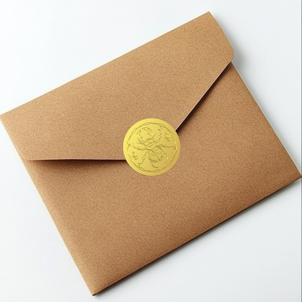 Peacoblue Gold Foil Sticker Seal Embossed 2 Inch 100Pcs Beetle and Leaves, Self Adhesive Gold Around Embossing Sticker for Invitation Certificate Envelope Seal Gift Card Decoration