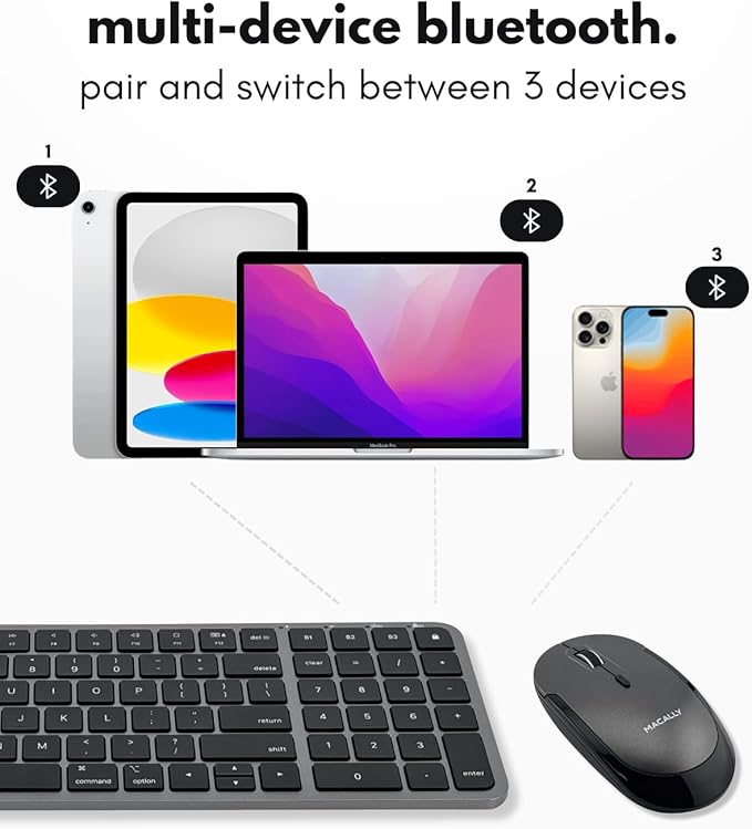 Macally Bluetooth Mac Keyboard and Mouse (Compact, Multi Device, Rechargeable) - Wireless Apple Keyboard and Mouse Combo - for Mac mini/Studio, MacBook Pro/Air, iMac, iPad, iPhone - Space Black
