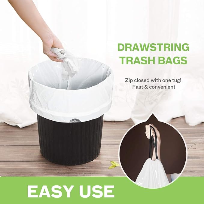 Teivio 1.6 Gallon 120 Counts Strong Drawstring Trash Bags Garbage Bags, Medium Kitchen Trash Can Bathroom Bin Liners, Plastic Trash Bags for Home Office Kitche, White