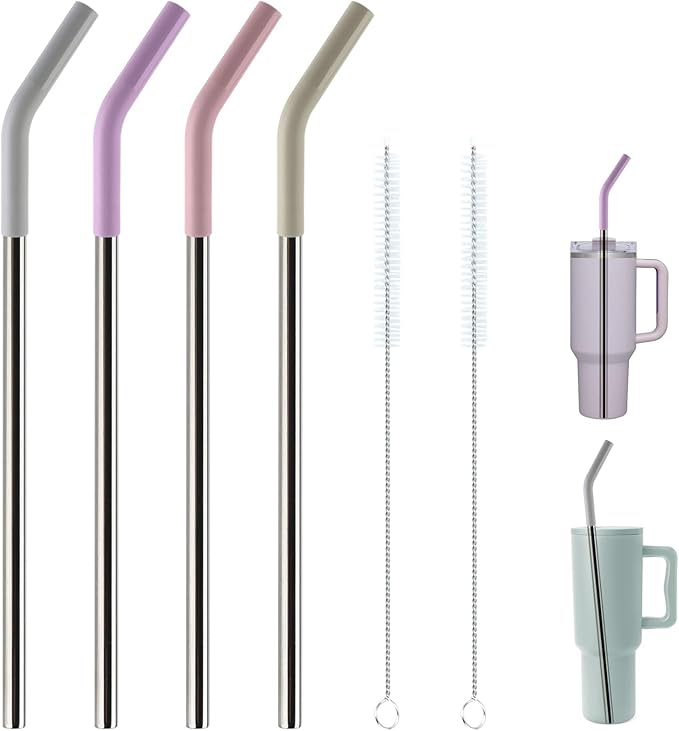 Replacement Straws for 40oz Tumblers,Metal Straws Reusable Compatible with Stanley 40oz Cup, 40 oz Tumbler Straw,4 Pack 12" Extra Long,3" Wide, Stainless Steel Straws with Silicone Tips and Brush