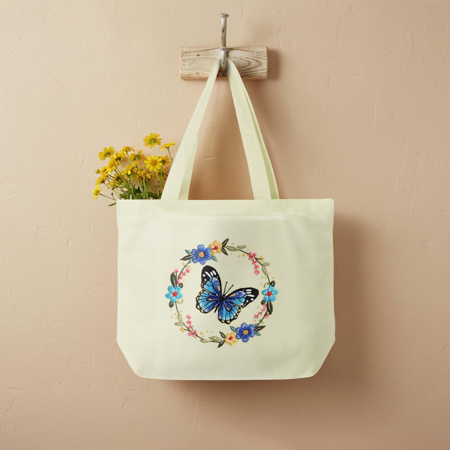 ERKOON Canvas Tote Bag Embroidery Kit for Beginners, Floral Arts Crafts Cross Stitch Kits for Adults Including Stamped Embroidery Bag with Hoops, Needle, Instruction and Color Threads (Butterfly)