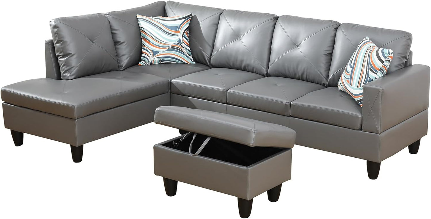 L Shaped Couch Faux Leather Sectional Couch Upholstered 3 Pieces Sofas for Living Room with Chaise, Storage Ottoman for Office and Small Apartment, Dark Grey