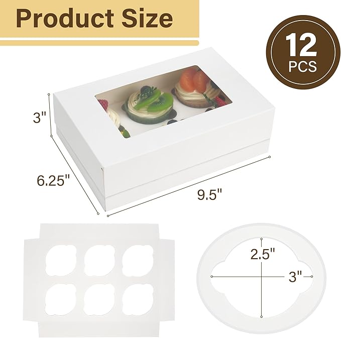 LotFancy 12 Pack Cupcake Boxes 6 Count, Pre-Folded Cupcake Carrier with Window Holding 72 Standard Cupcakes, Food Grade Disposable Pastry Boxes