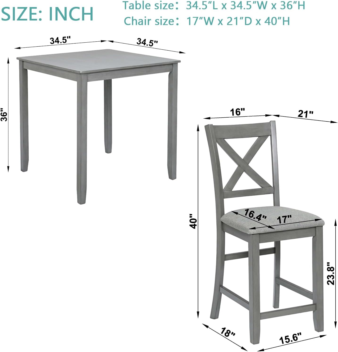 KEIKI 5-Piece Counter Height Dining Table Set with Square Table and 4 Upholstered X-Shaped Backrset Chair, for 4 Person, Modern Style Wooden Table Set, Easy Assembly, for Kitchen, Dining Room, Gray