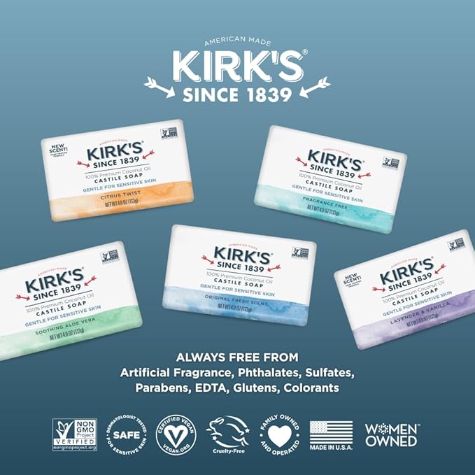 Kirk's Castile Bar Soap for Men, Women & Children - Made with Premium Coconut Oil, Sensitive Skin Formula, Vegan, Non GMO, Lavender & Vanilla, 4 oz. Bars 6 Pack