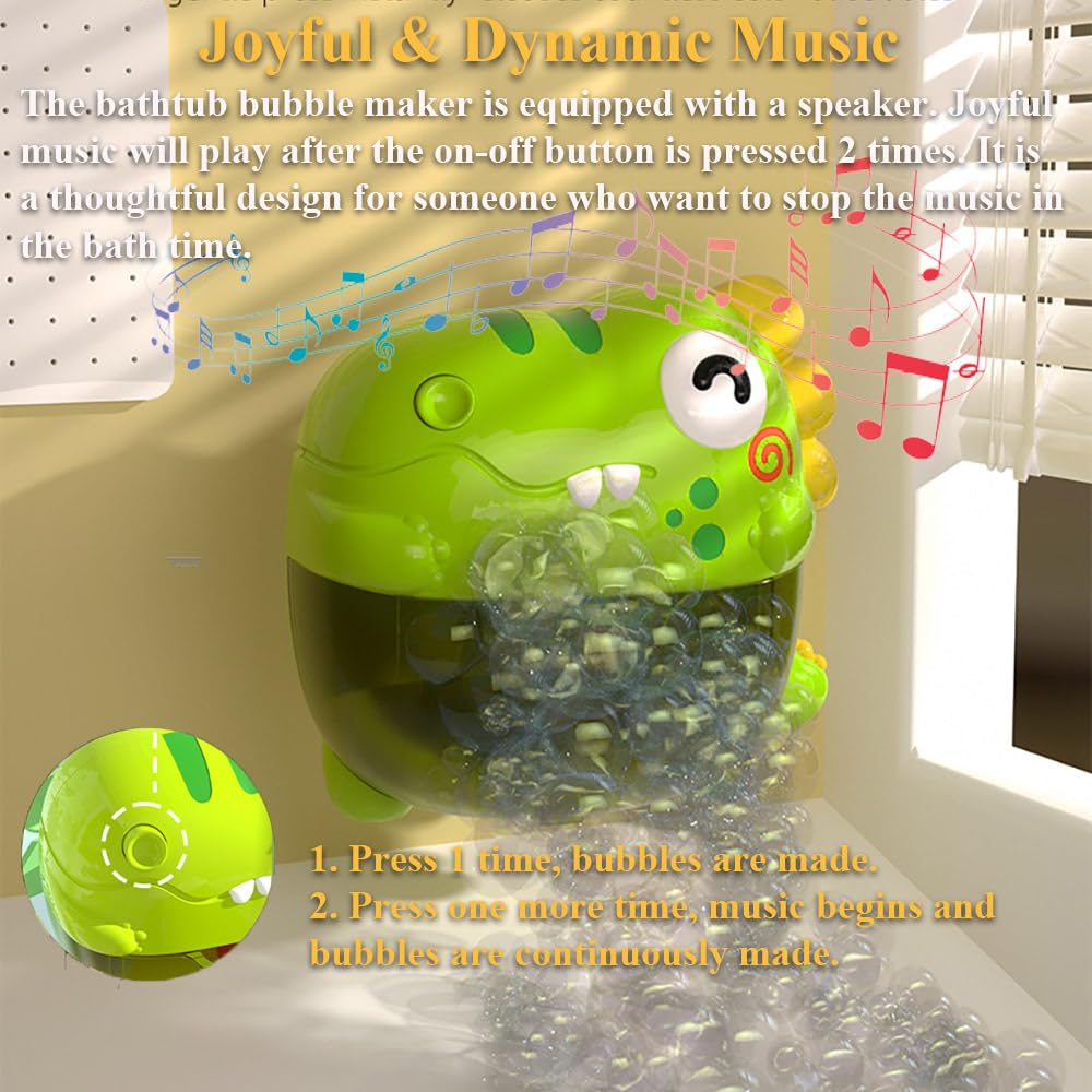 NEXTAKE Dinosaur Bathtub Bubble Maker Toy, Dino Tub Bubble Blower Toy Electric Bubble Machine Bath Toy with Colorful Gradient Lights and Joyful Music, No Special Bubble Solution Needed