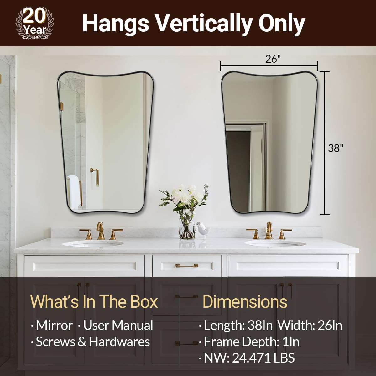 ANDY STAR Bathroom Mirror, 26x38 Inch Matte Black Vanity Mirror, Black Asymmetrical Mirror in Premium Stainless Steel Metal Frame Deep 1’’, Wall Mount Vertically Only