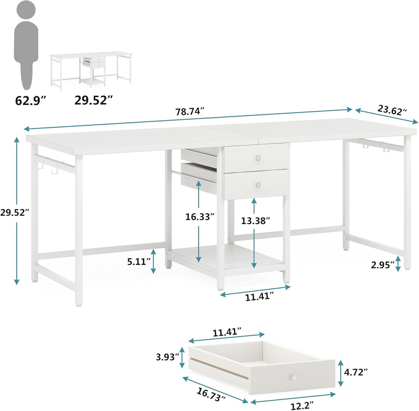Tribesigns 79 Inch Extra Long Desk, Double Desk with 2 Drawers, Two Person Desk Long Computer Desk with Storage Shelves, Writing Table Study Desk for Home Office, White