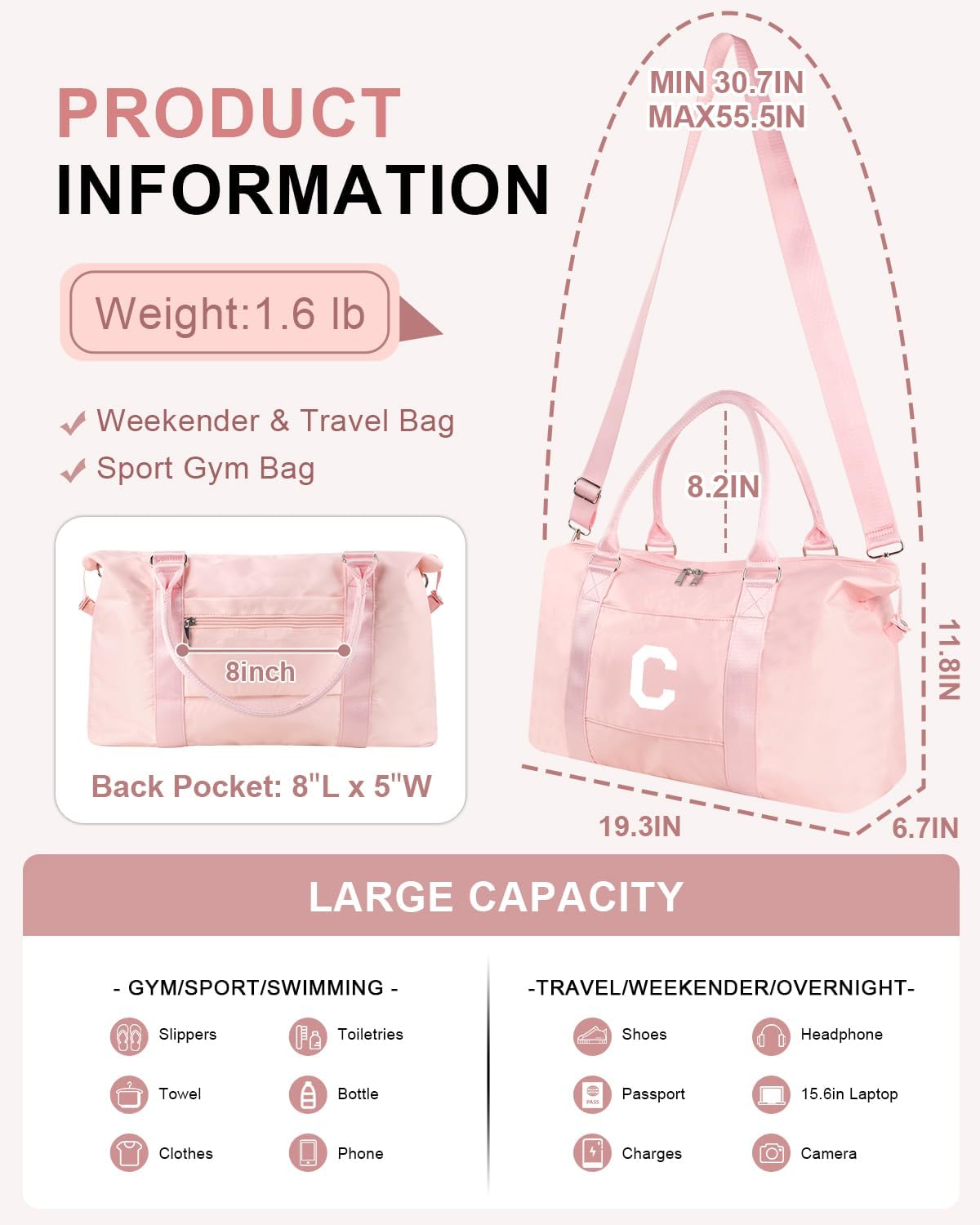 Initial Travel Duffel Bag Sports Gym Bag for Girls Teen Birthday Gifts,Pink Personalized Weekender Bag Carry On Tote Bags for Women Men,Waterproof Overnight Luggage Bag with Trolley Sleeve(Letter C)