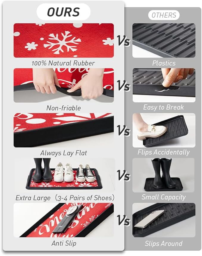 Christmas Boot Tray Mat - Heavy Duty Snow & Water Catch Tray, Waterproof Rubber Shoe Mat with Lip for Entryway, Indoor & Outdoor Holiday Decor Storage (16"x48")