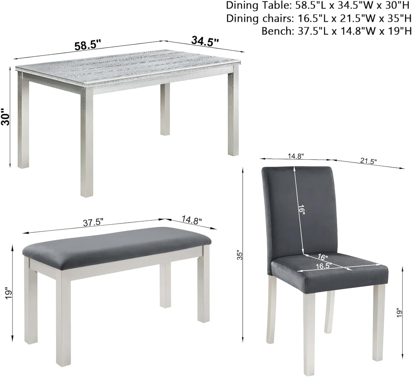 Dining Table Set for 5, 6 Piece Dining Room Table Set with Rectangular Crystal Decoration Table, 4 Upholstered Backrest Chairs and Bench, Counter Height Kitchen Sets with MDF Tabletop, Grey