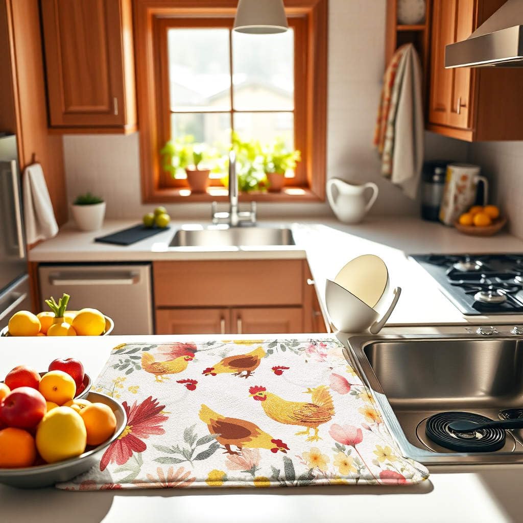Chicken Large Dish Drying Mat for Kitchen Counter 16''x18''Microfiber Absorbent - Foldable, Quick-Dry, Non-Slip, & Compact Kitchen Drying Pad for Dishes, Countertops, and Cookware