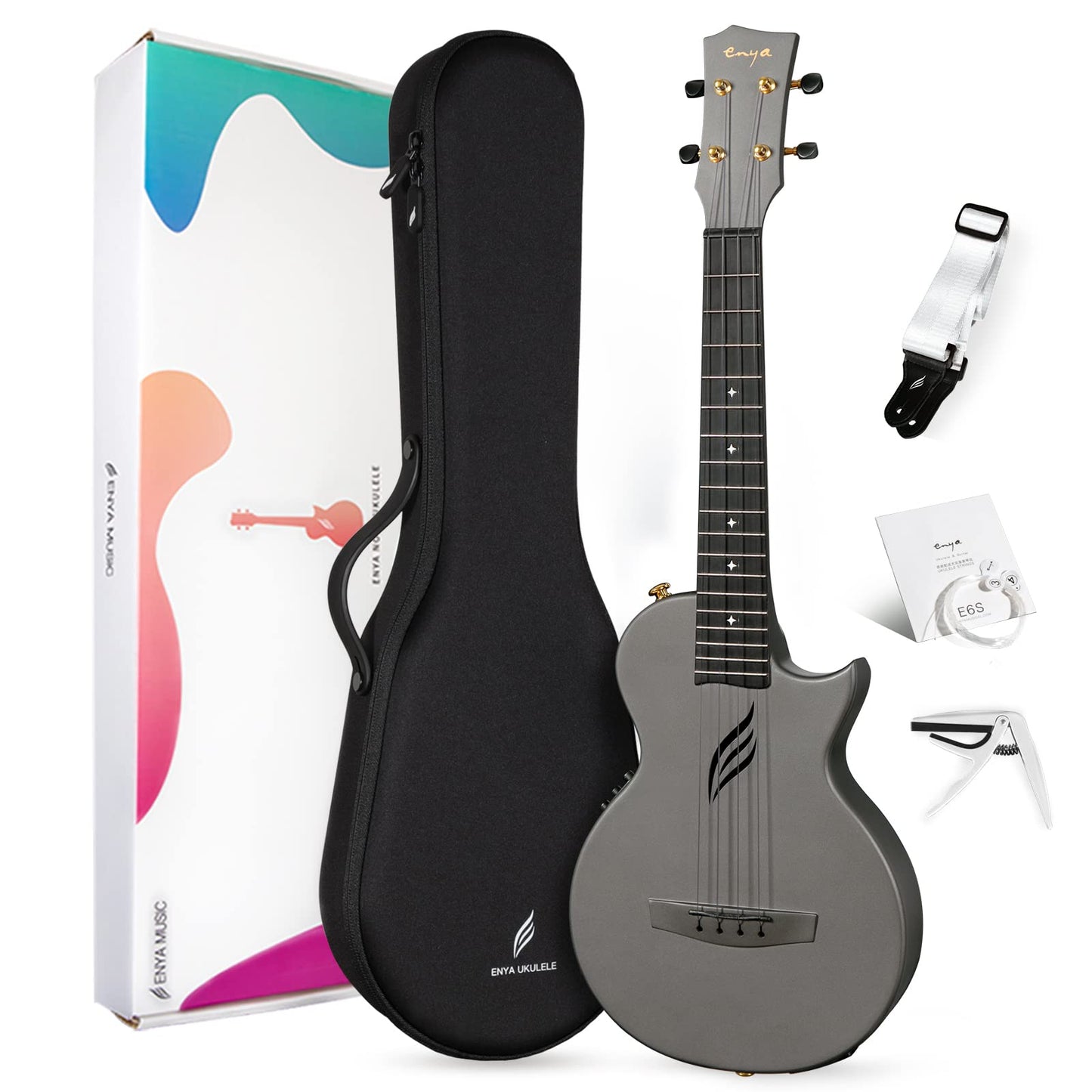 Enya Tenor Ukulele 26 Inch Carbon Fiber Travel Ukelele Black Model Nova UE Pro with Case, Strap, Capo & Strings