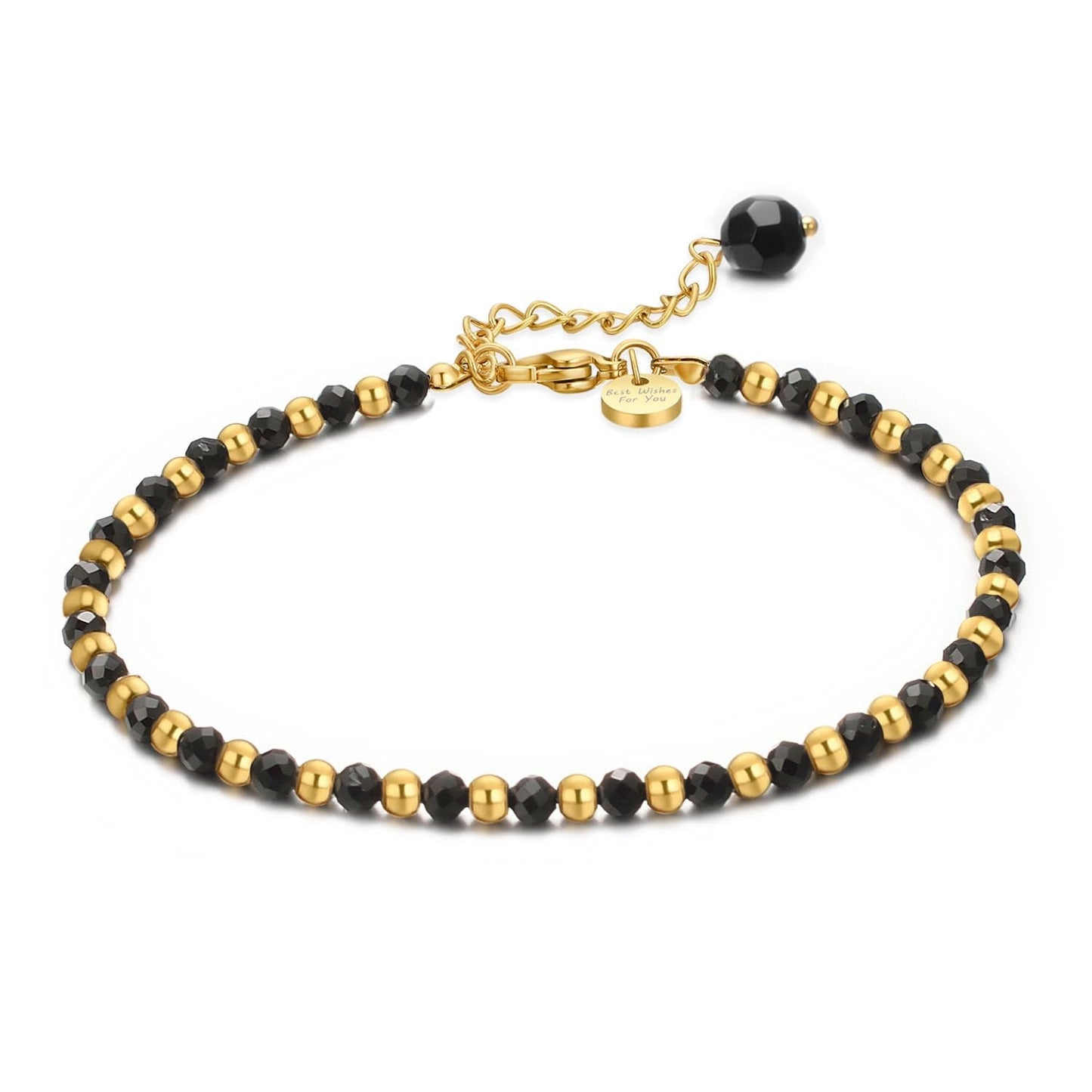 vissen Black and Gold Bracelet Beaded Black Natural Stone Bracelet for Women Black Crystal Gold Plated Bracelets Adjustable Jewellery