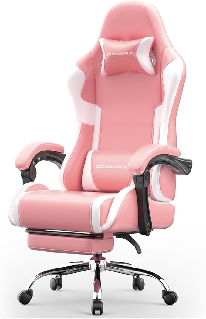 Ergonomic Gaming Chair with Footrest, Heavy Duty 330lbs Office Chair, Massage Lumbar Support, Adjustable Height & Headrest Pillow, Comfortable for Back Pain Relief, Streaming, Long Gaming, Rose