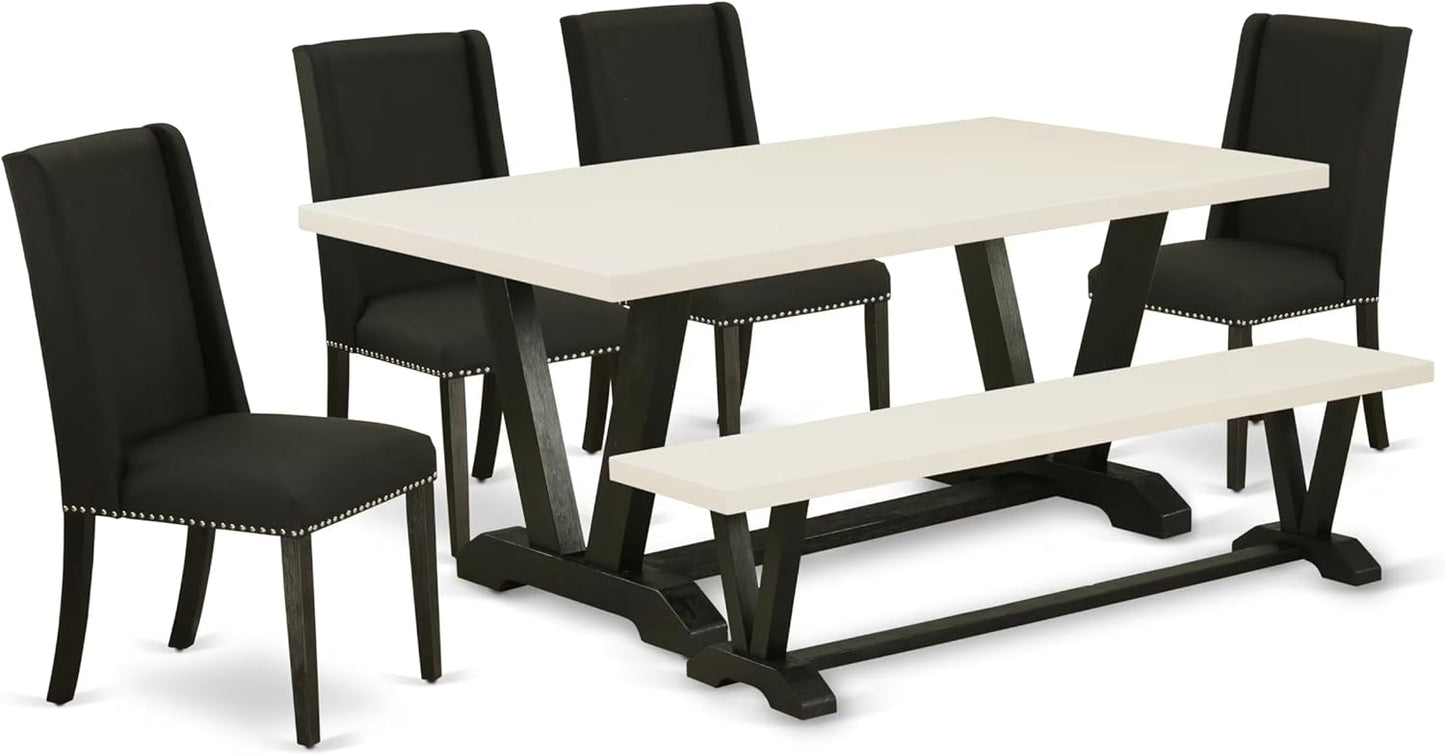 East West Furniture V627FL624-6 6 Piece Dining Room Table Set Contains a Rectangle Kitchen Table with V-Legs and 4 Black Linen Fabric Parson Chairs with a Bench, 40x72 Inch, Multi-Color