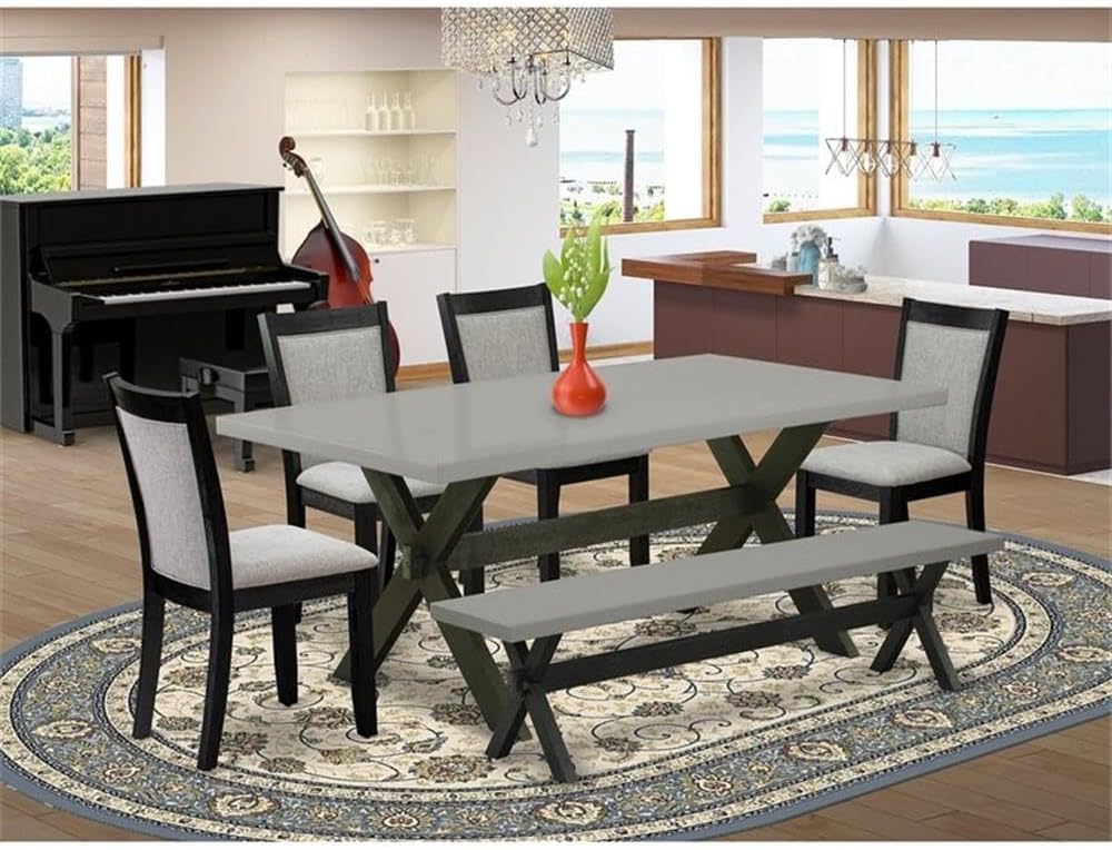 East West Furniture X697MZ606-6 6 Piece Dinette Set Contains a Rectangle Dining Table with X-Legs and 4 Shitake Linen Fabric Parson Chairs with a Bench, 40x72 Inch, Multi-Color